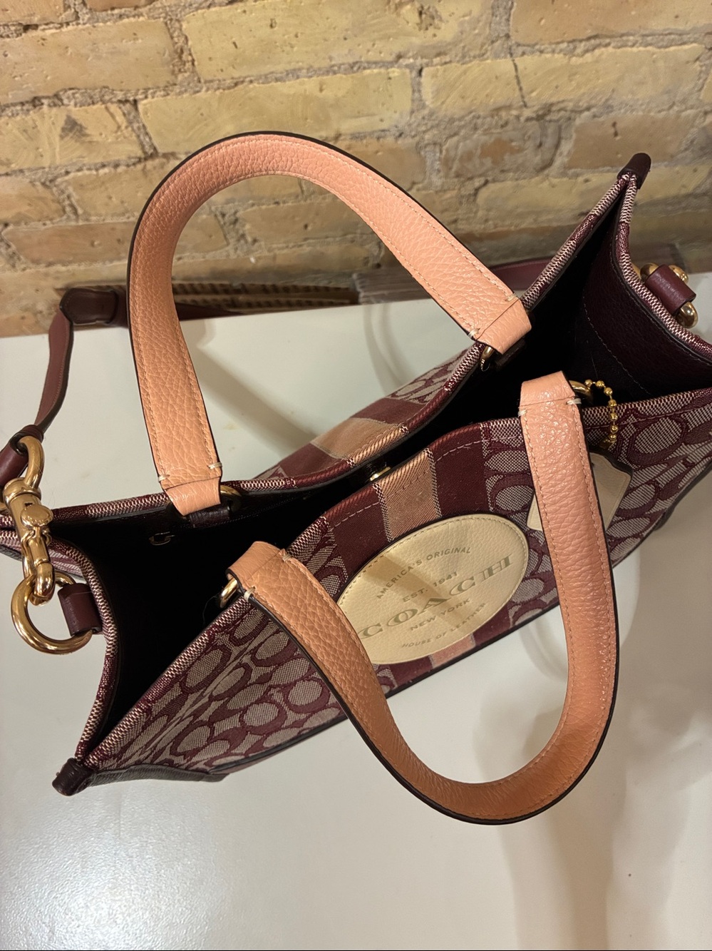 Coach C8448 Dempsey Burgundy and Cream Signature Stripe Satchel - Picture 5 of 8